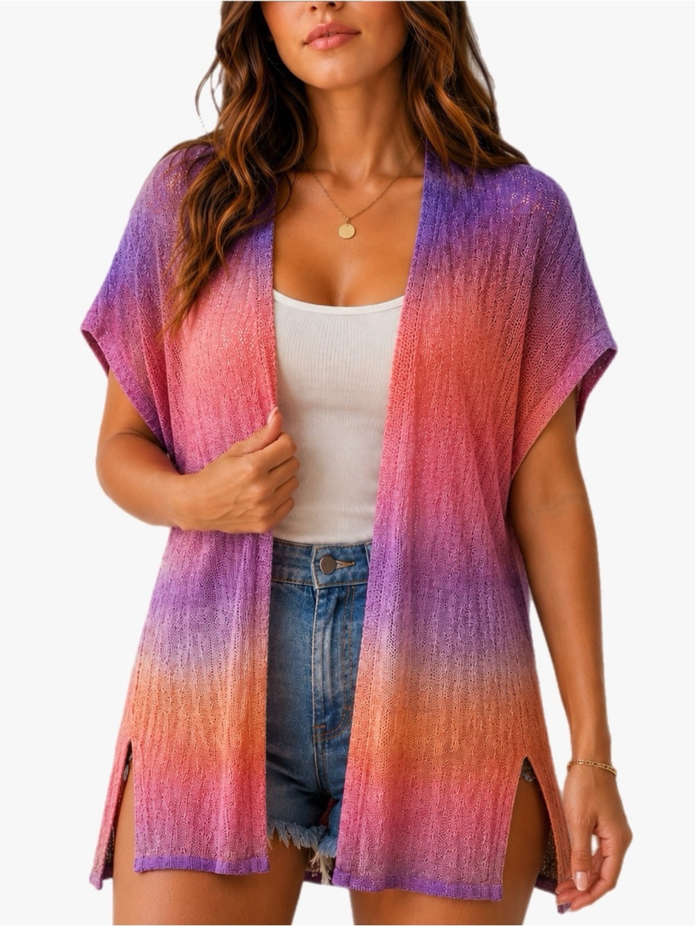 Entro Large Open Front Ombre Cardigan Kimono Cover Up Purple Pink Orange Boho